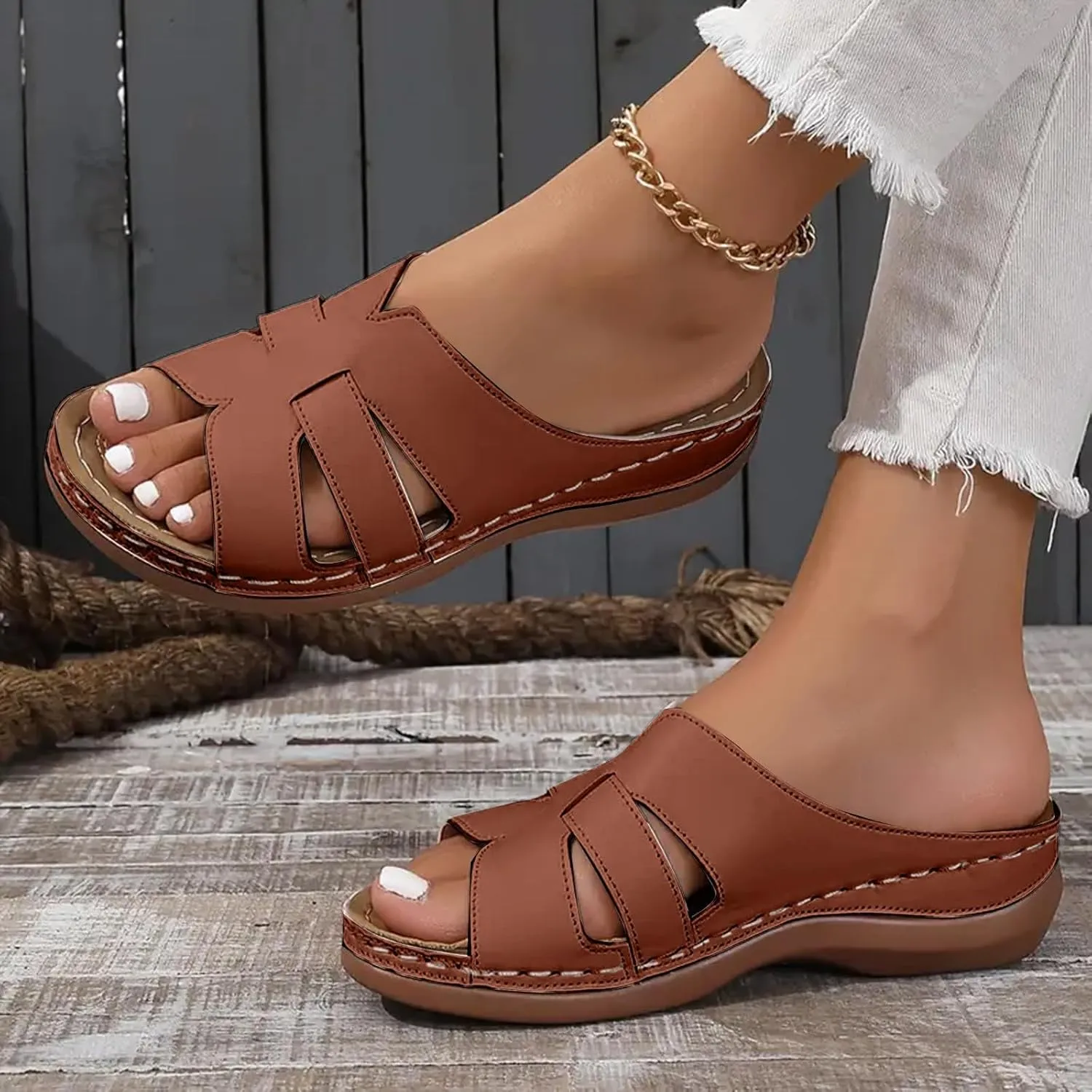 Summer Leather Platform Sandals for Women Comfortable Arch Support Soft Cushion Beach Wedges Sandals Leather Casual Dress Open Toes Non Slip Shoes