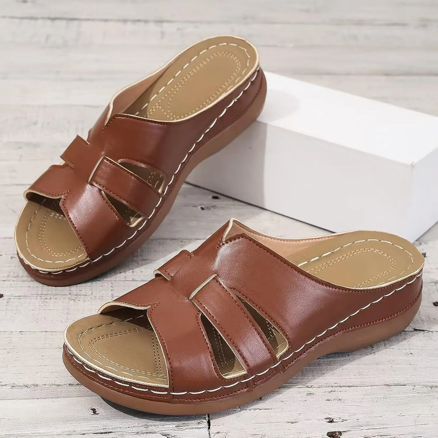 Summer Leather Platform Sandals for Women Comfortable Arch Support Soft Cushion Beach Wedges Sandals Leather Casual Dress Open Toes Non Slip Shoes