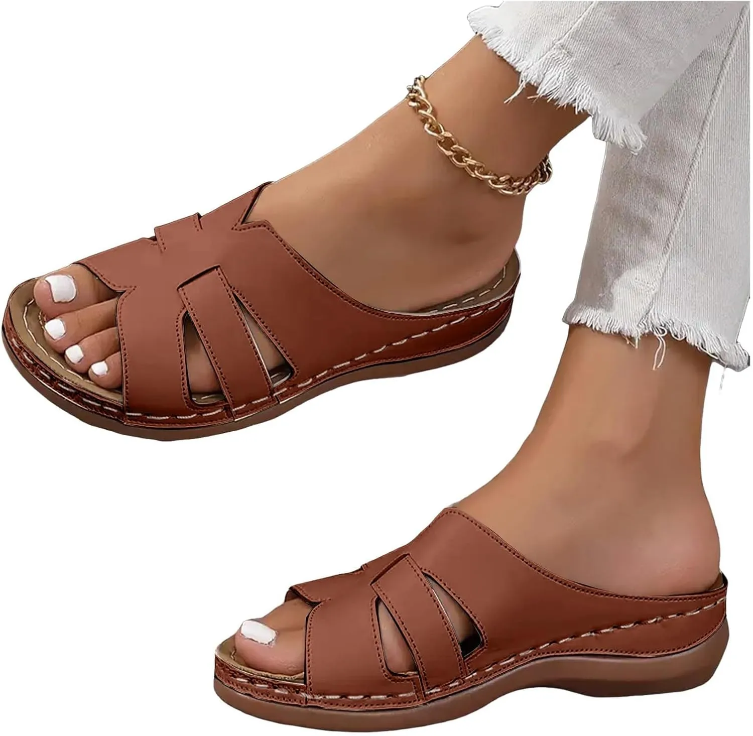 Summer Leather Platform Sandals for Women Comfortable Arch Support Soft Cushion Beach Wedges Sandals Leather Casual Dress Open Toes Non Slip Shoes