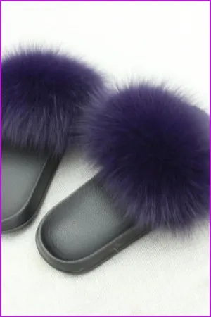 Super Fluffy Dark Purple Fox Full-Pelt Fur Sliders DF035