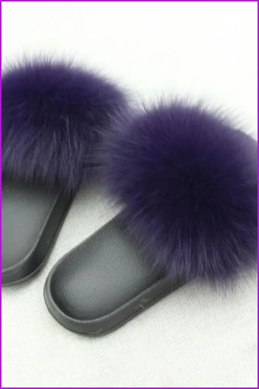 Super Fluffy Dark Purple Fox Full-Pelt Fur Sliders DF035