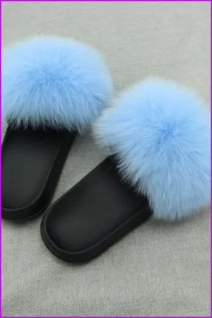 Super Fluffy Sky Blue Fox Full-Pelt Fur Sliders DF035