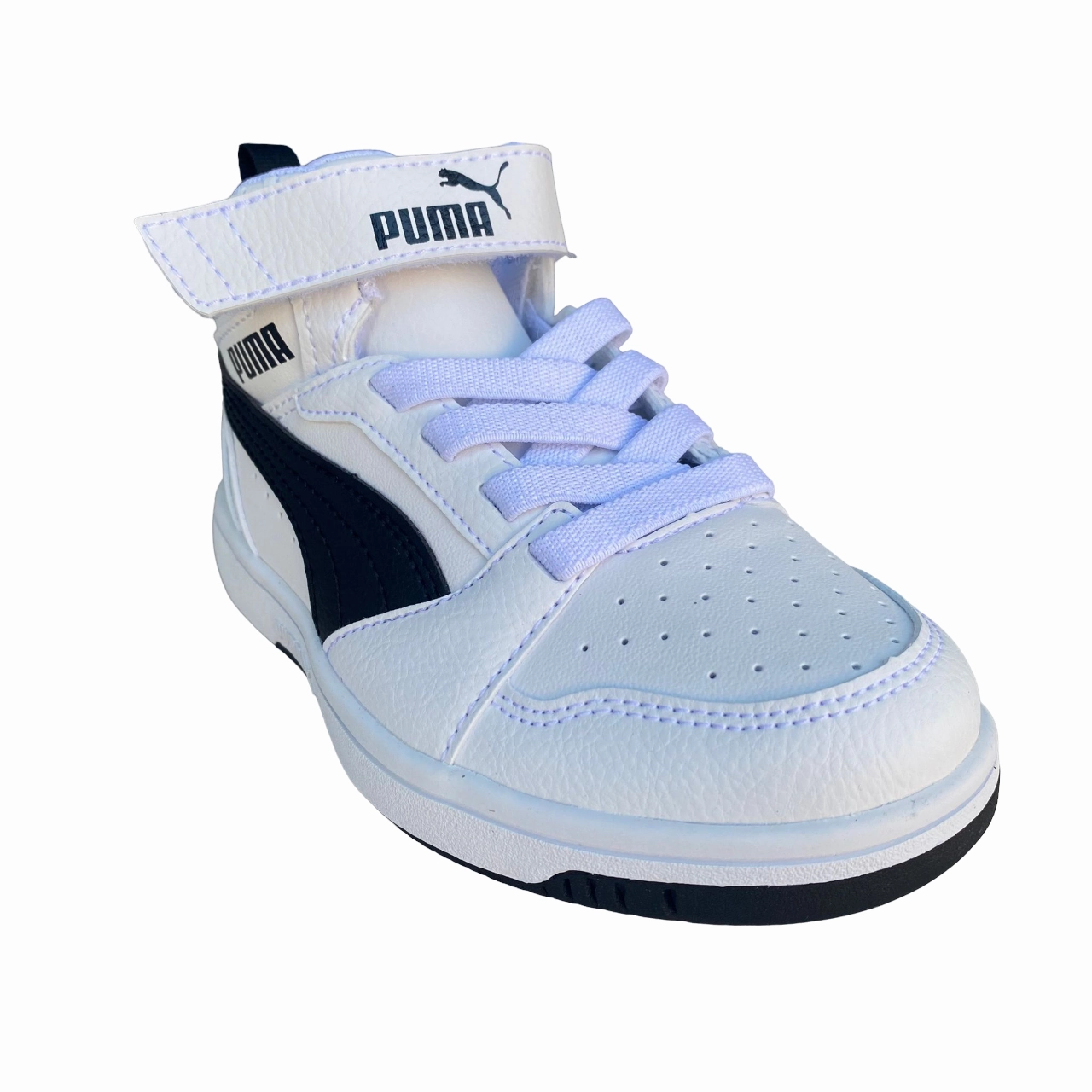 Puma scarpa sneakers da bambino Rebound V6 Mid 393832 02 bianco-nero High Mileage Cushioned Heel Counter
