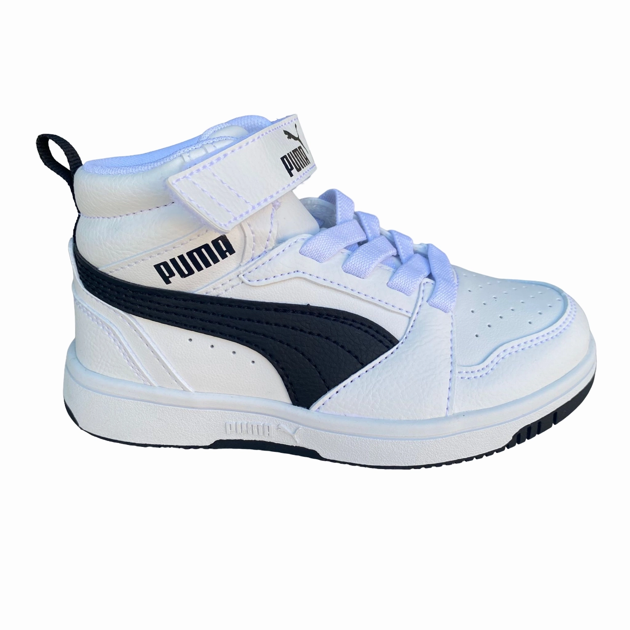 suitable for kids running in indoor arenas shoes Puma scarpa sneakers da bambino Rebound V6 Mid 393832 02 bianco-nero