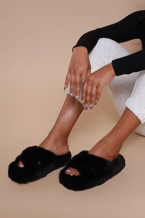 Ten Toes Down Furry Criss Cross Slippers - Black