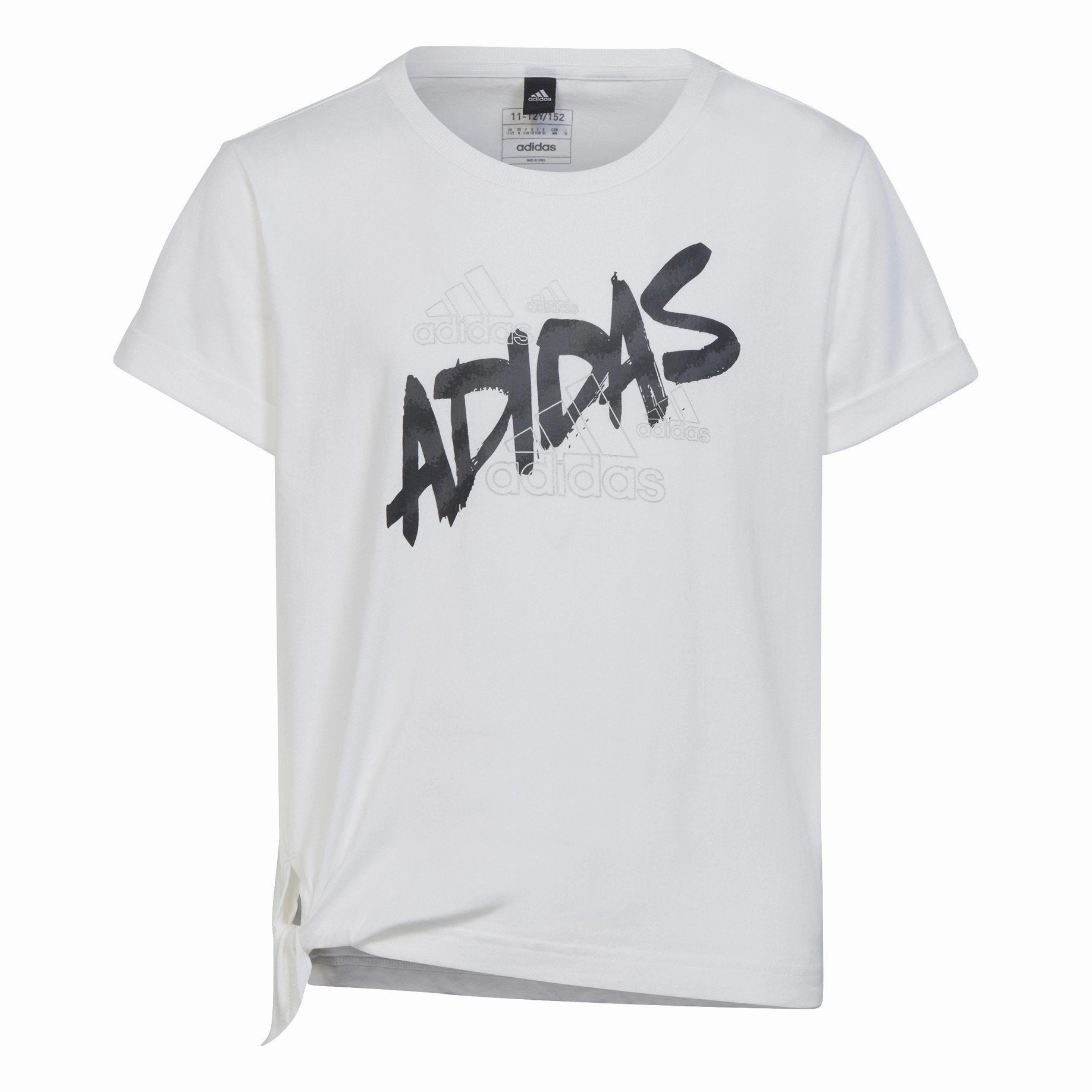 sequined details Chilly Day Wear Adidas T-shirt manica corta in cotone da ragazza con nodo laterale HR5818 white