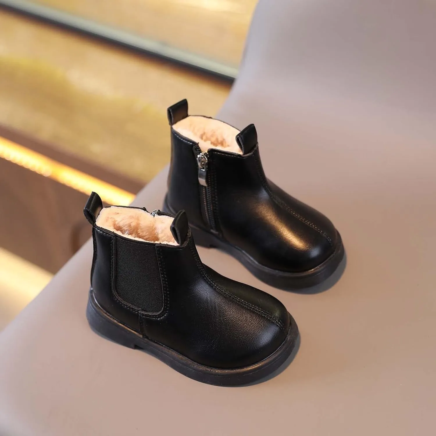 Toddler Fuzzy Lined Booties With Side Zipper Kids Girls Boys aterproof Slip On Ankle Short Boots Winter Outdoor Shoes