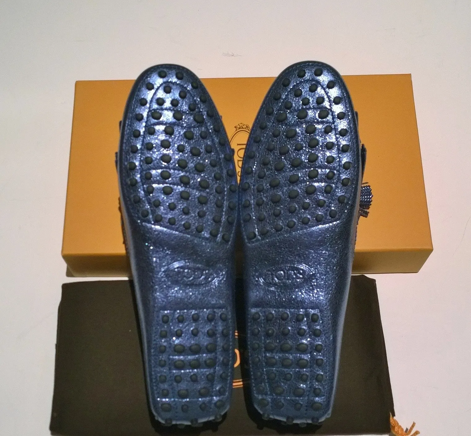 Tod's Denim Metallic Blue Leather Loafers with Tassels Driving Shoes Gommino
