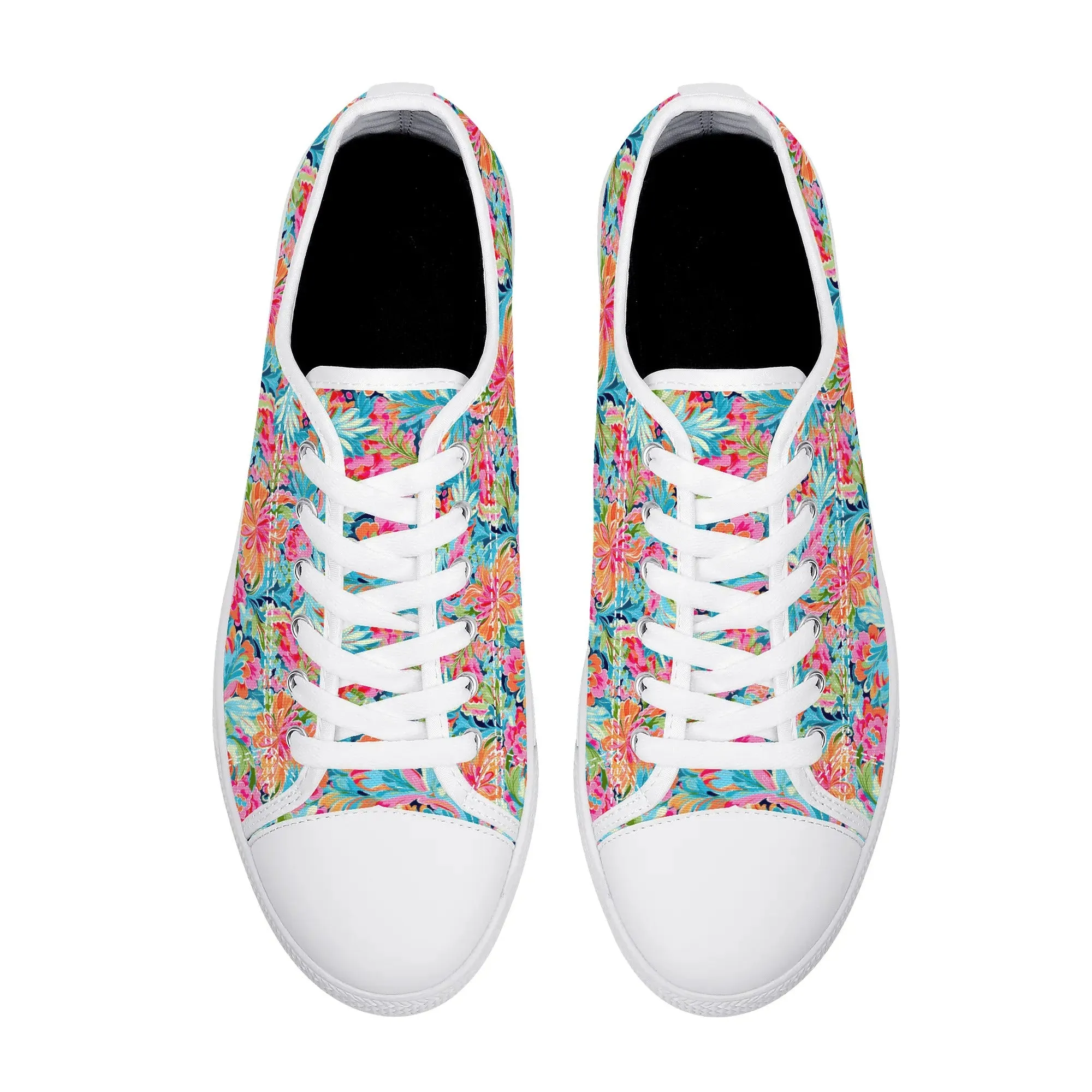 Tropical Radiance: Bursting Summer Blooms in Teal, Orange, and Pink Womens Low Top Canvas Sneakers US5.5 - US12