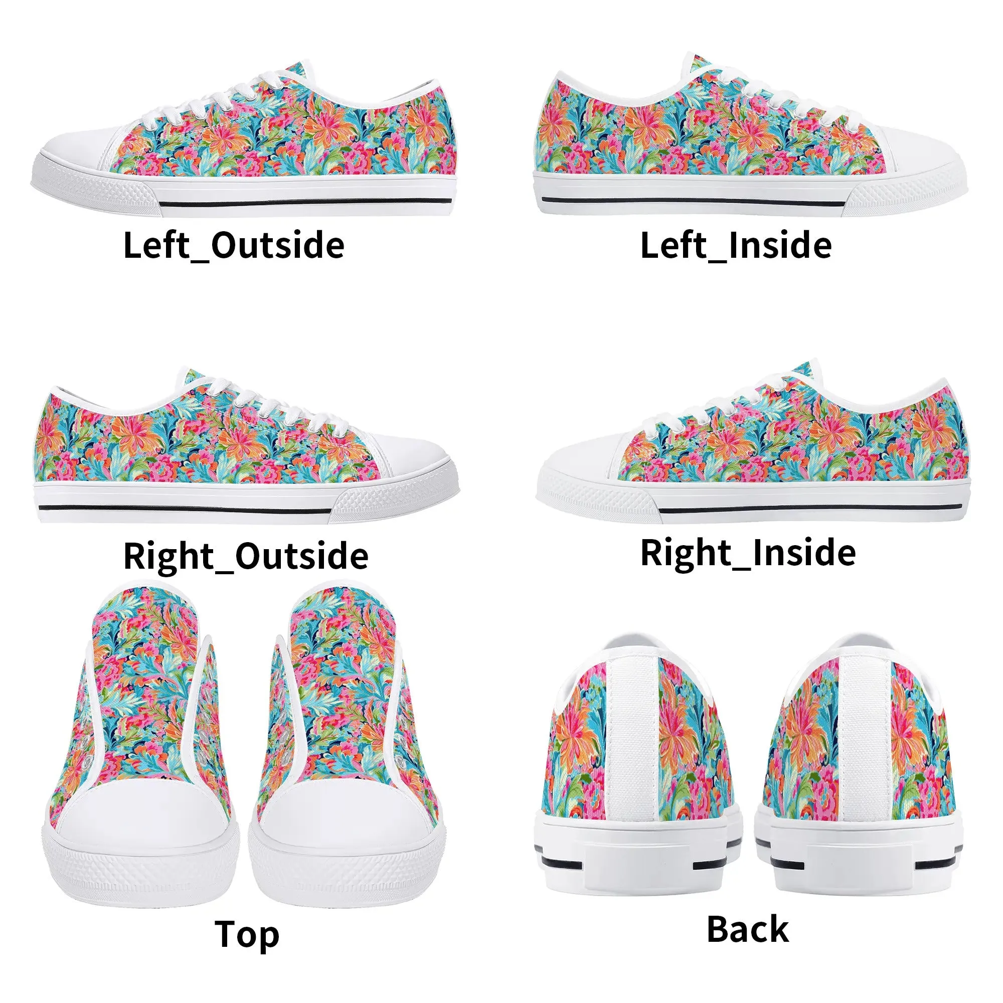 Tropical Radiance: Bursting Summer Blooms in Teal, Orange, and Pink Womens Low Top Canvas Sneakers US5.5 - US12