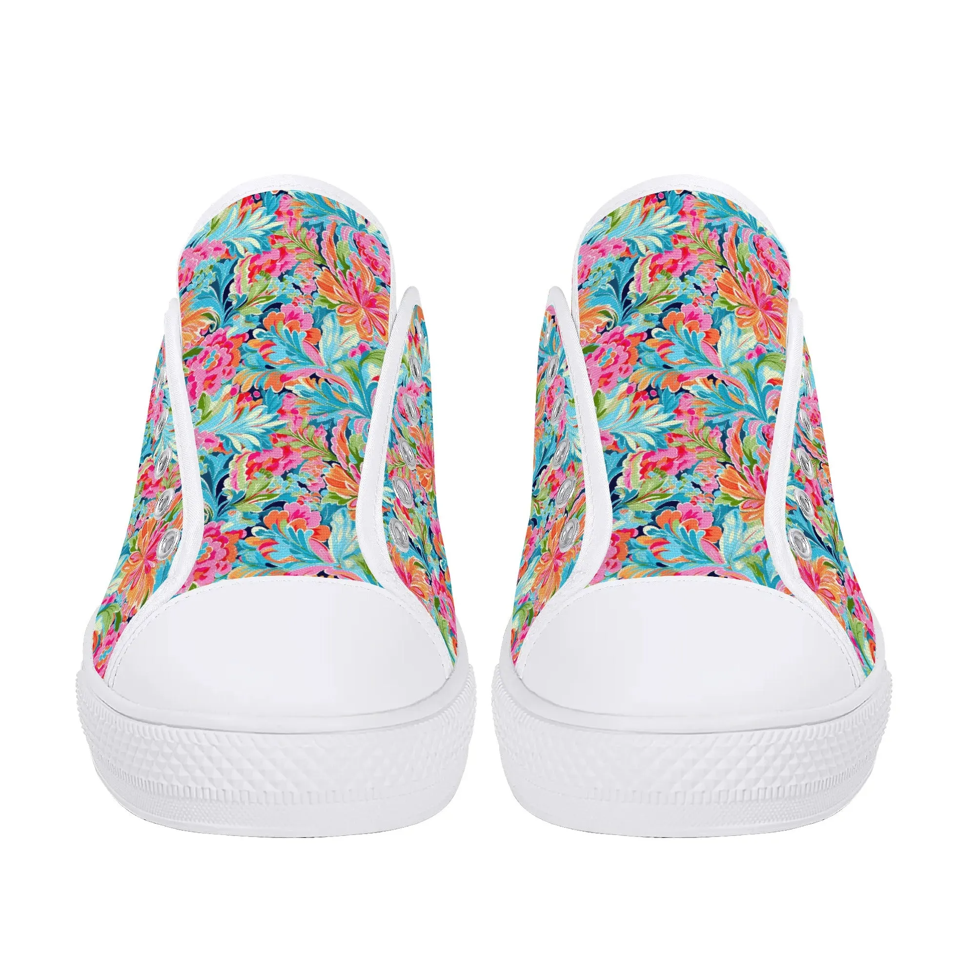 Tropical Radiance: Bursting Summer Blooms in Teal, Orange, and Pink Womens Low Top Canvas Sneakers US5.5 - US12