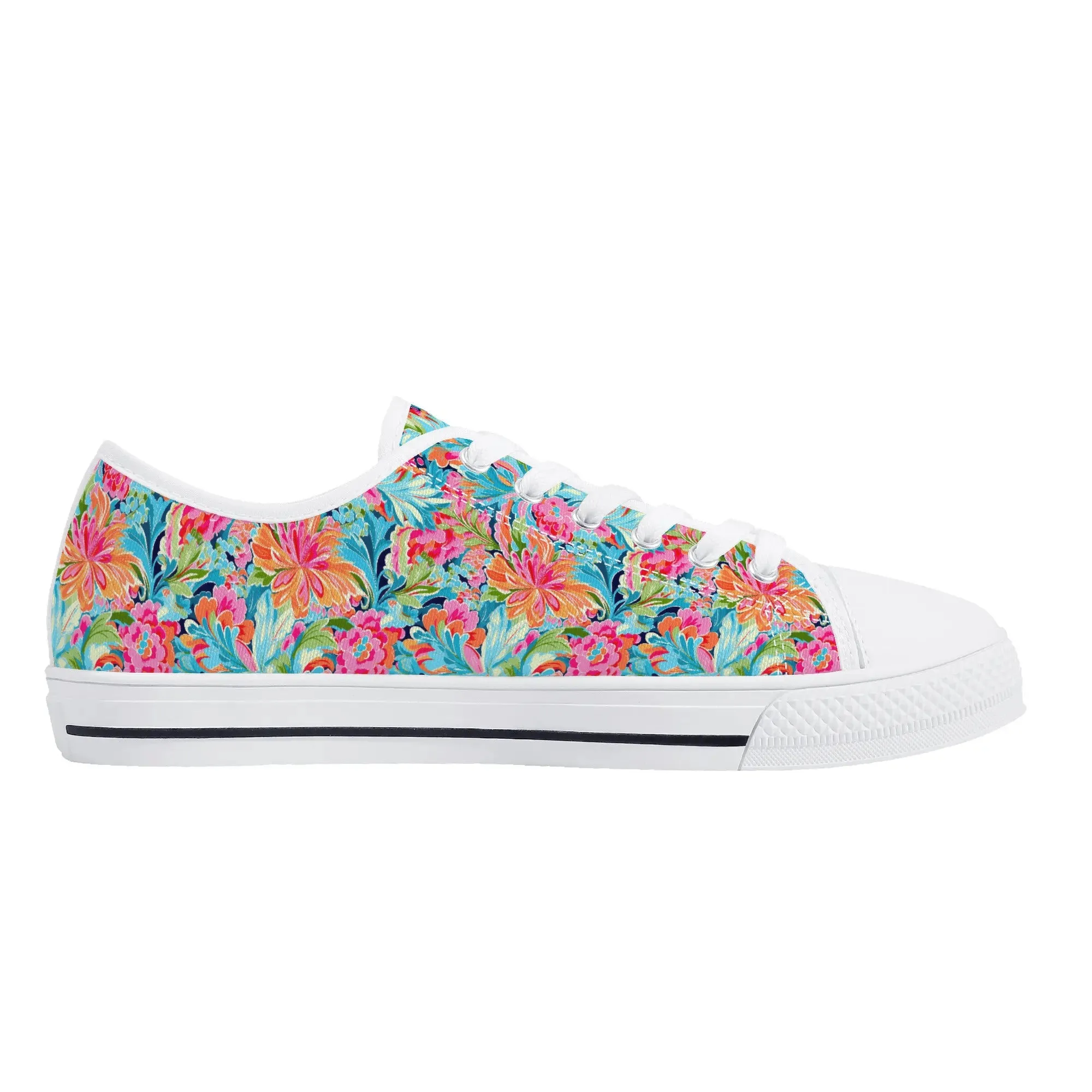Tropical Radiance: Bursting Summer Blooms in Teal, Orange, and Pink Womens Low Top Canvas Sneakers US5.5 - US12