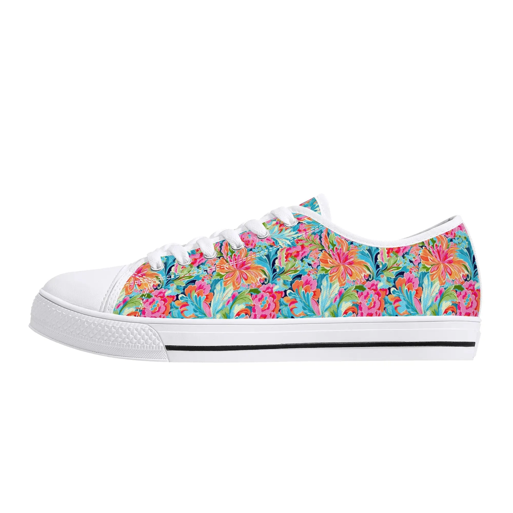 Tropical Radiance: Bursting Summer Blooms in Teal, Orange, and Pink Womens Low Top Canvas Sneakers US5.5 - US12
