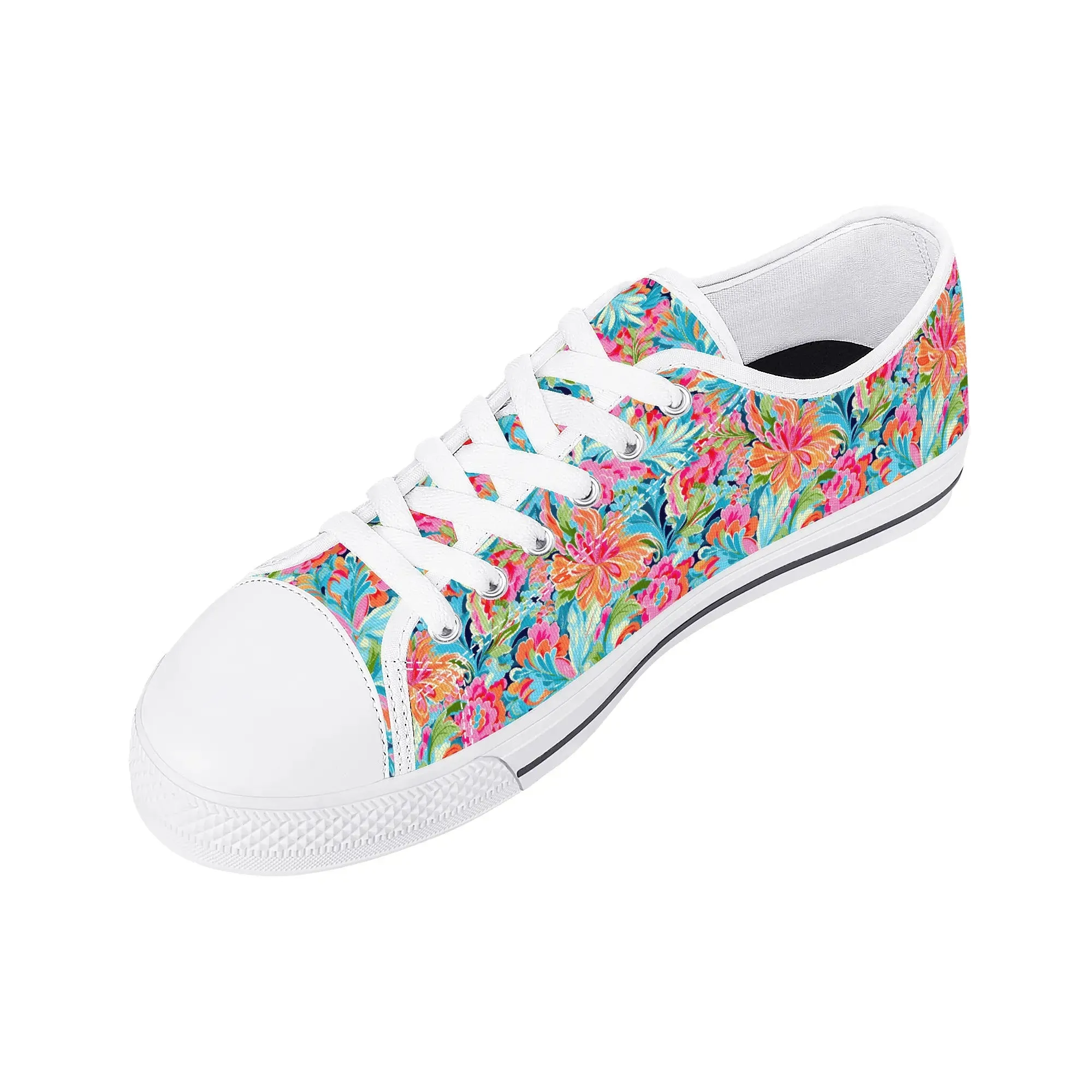 Tropical Radiance: Bursting Summer Blooms in Teal, Orange, and Pink Womens Low Top Canvas Sneakers US5.5 - US12