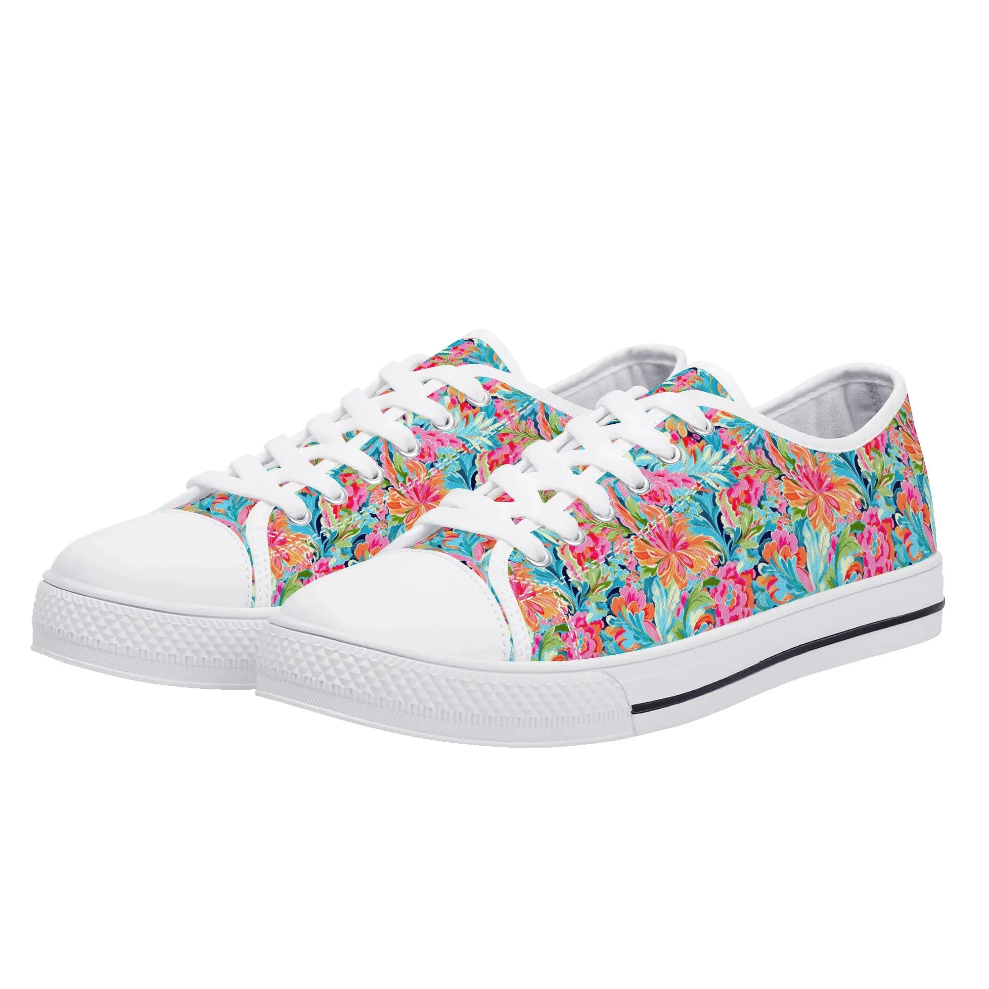 Tropical Radiance: Bursting Summer Blooms in Teal, Orange, and Pink Womens Low Top Canvas Sneakers US5.5 - US12