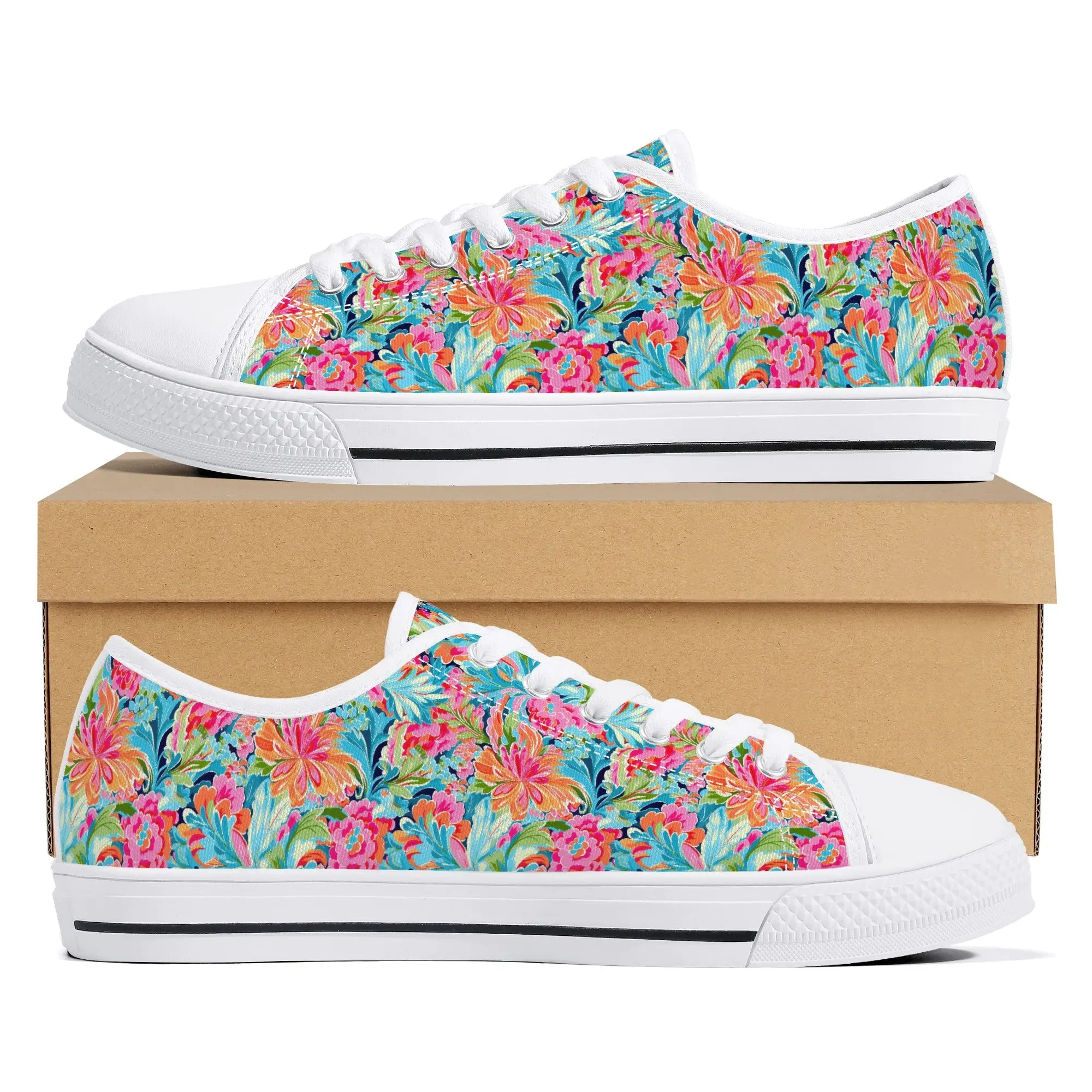 Tropical Radiance: Bursting Summer Blooms in Teal, Orange, and Pink Womens Low Top Canvas Sneakers US5.5 - US12