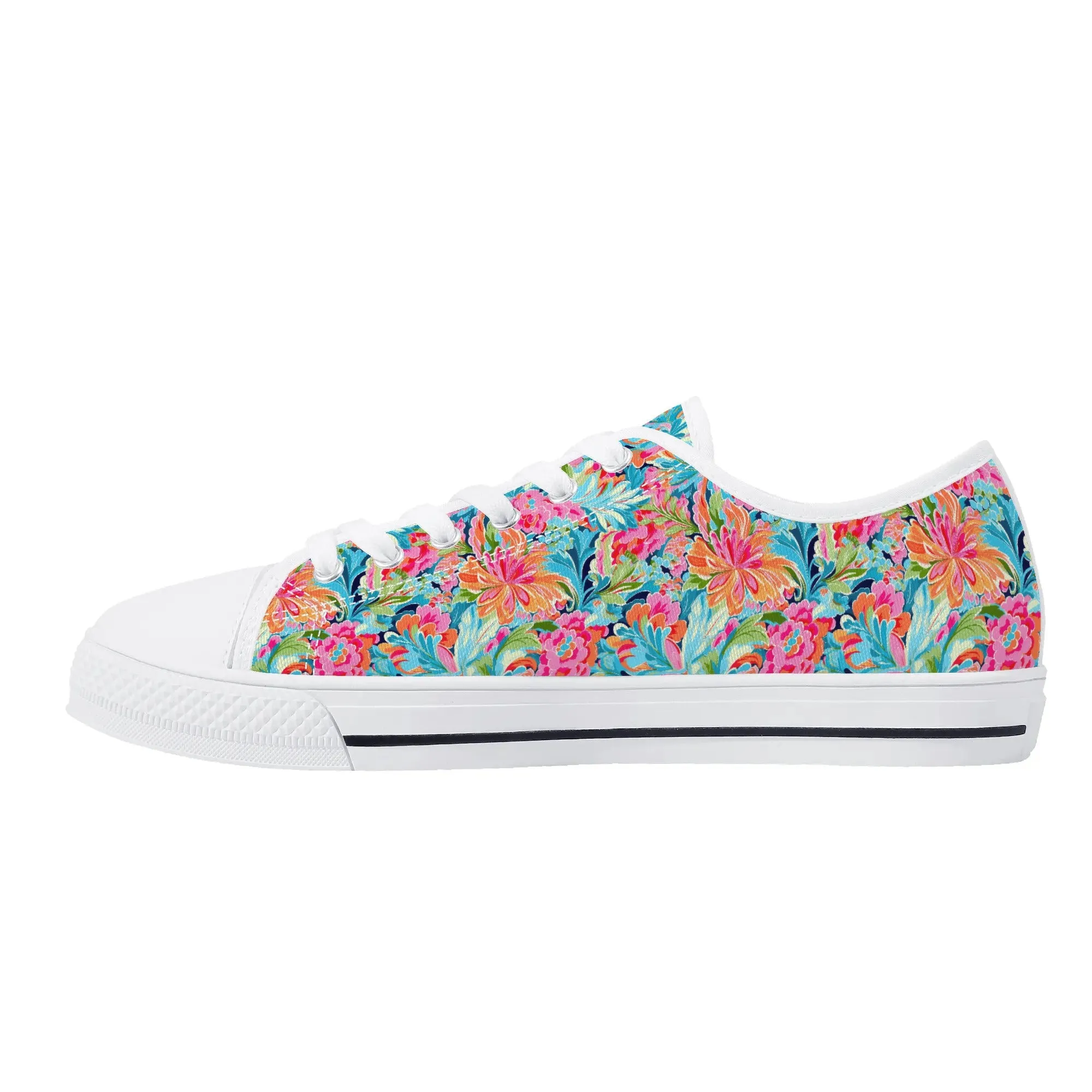 Tropical Radiance: Bursting Summer Blooms in Teal, Orange, and Pink Womens Low Top Canvas Sneakers US5.5 - US12