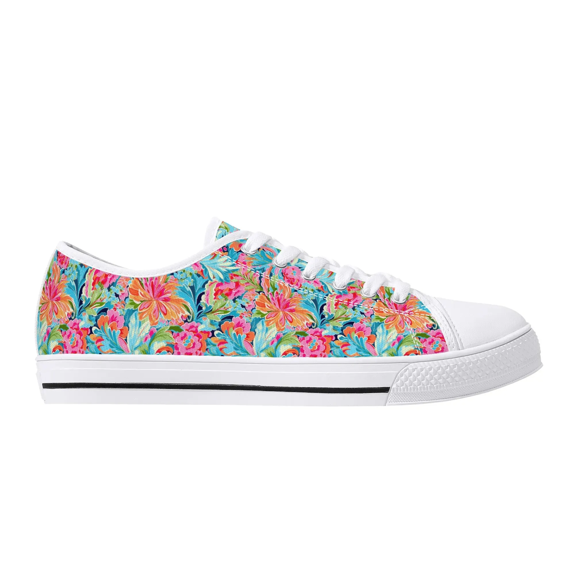 Tropical Radiance: Bursting Summer Blooms in Teal, Orange, and Pink Womens Low Top Canvas Sneakers US5.5 - US12