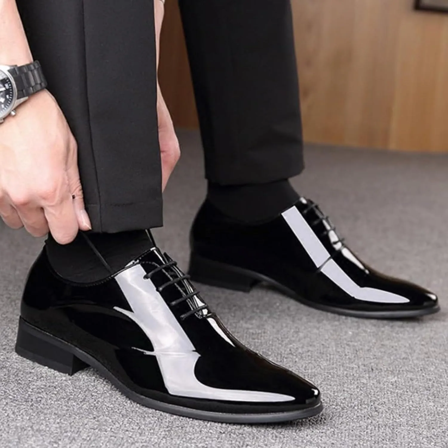 Tuxedo Shoes Patent Leather Wedding Shoes for Men Cap Toe Lace Up Formal Business Oxford Shoes