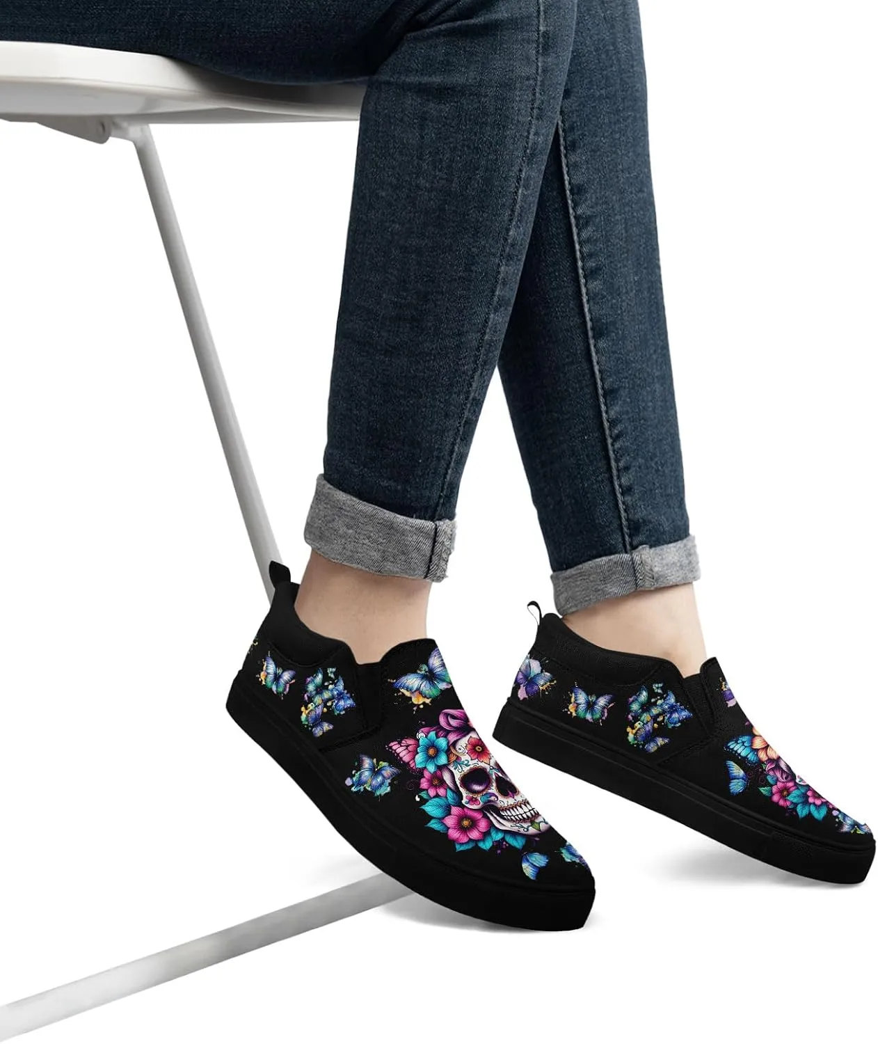 Unisex Skull Slip on Shoes Canvas Sneakers Low Top Casual Shoes Comfortable Non Slip Loafers