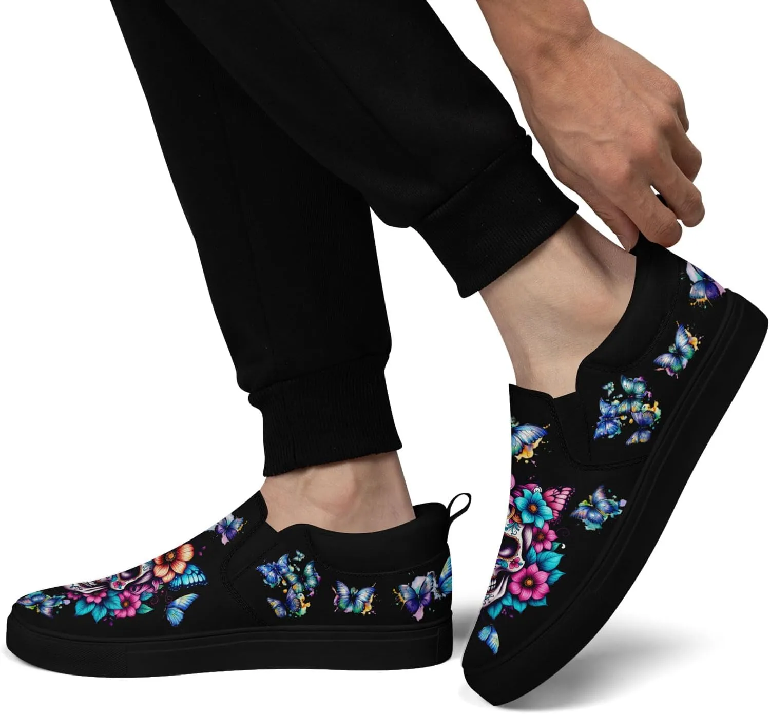 Unisex Skull Slip on Shoes Canvas Sneakers Low Top Casual Shoes Comfortable Non Slip Loafers