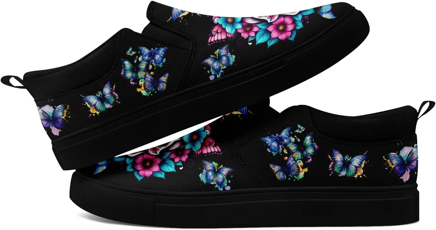 Unisex Skull Slip on Shoes Canvas Sneakers Low Top Casual Shoes Comfortable Non Slip Loafers