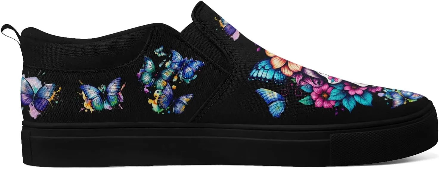 Unisex Skull Slip on Shoes Canvas Sneakers Low Top Casual Shoes Comfortable Non Slip Loafers