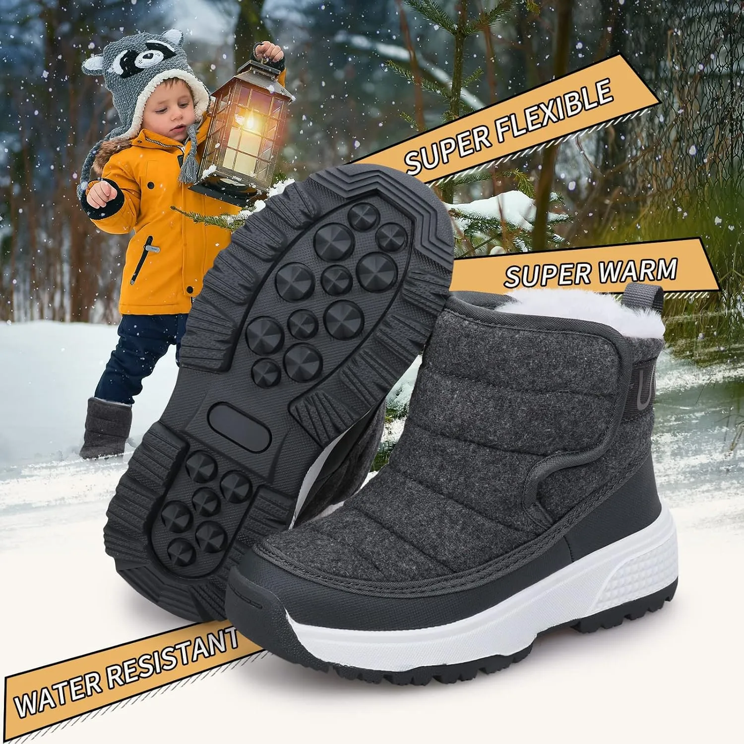UOVO Boys Snow Boots Winter Waterproof Slip Resistant Fur Lined Outdoor Shoes(Little Kid/Big Kid)