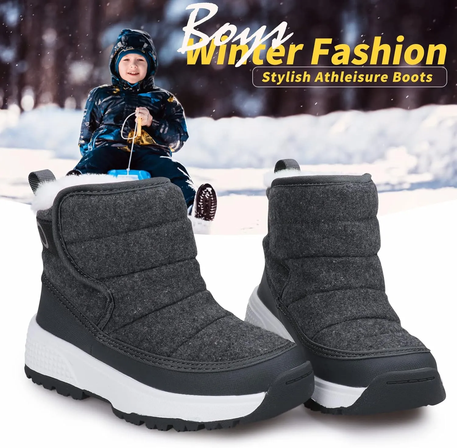 UOVO Boys Snow Boots Winter Waterproof Slip Resistant Fur Lined Outdoor Shoes(Little Kid/Big Kid)