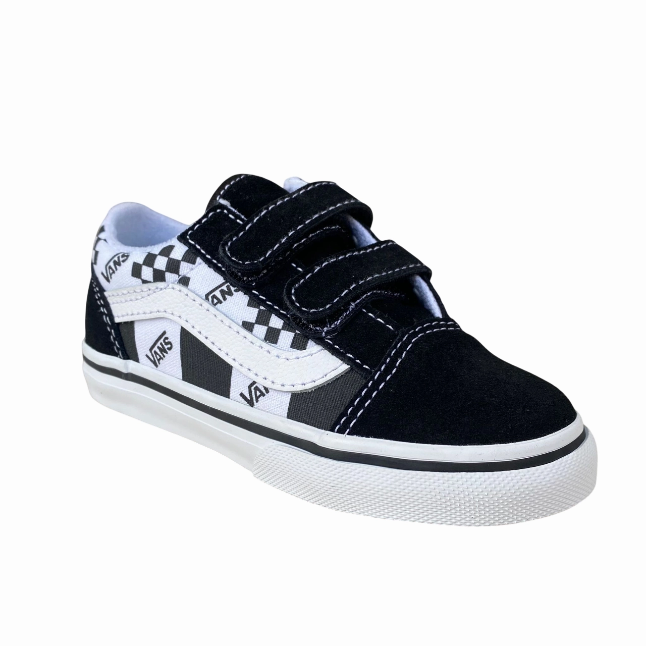 Vans scarpa sneakers da bambino con strappo Old Skool V VN0009RC6BT1 logo e quadratini nero-bianco running in a ditch area shoes