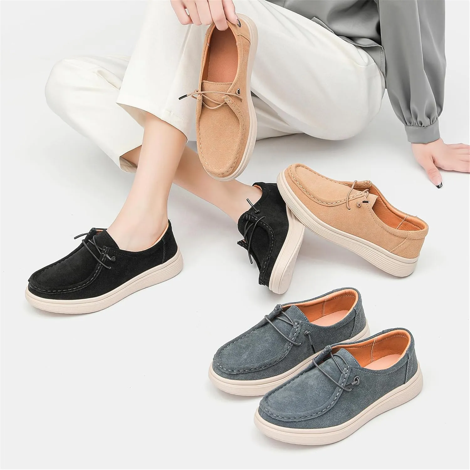 Veroders Women's Suede Wendy Loafers Comfortable Light-Weight Ultralight Boat Canvas Sneakers