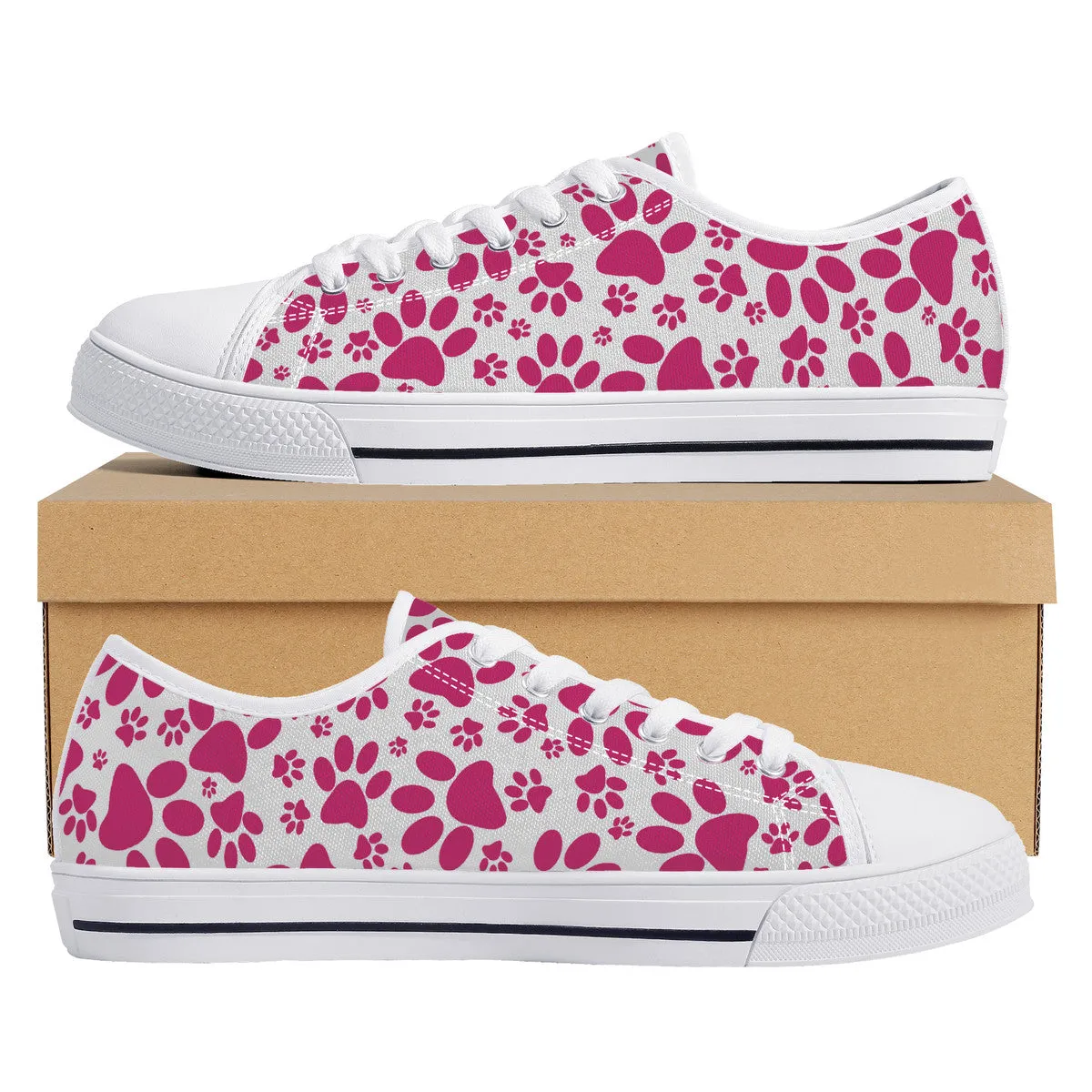 Vibrant Tracks: Hot Pink Animal Paw Prints Canvas Sneakers