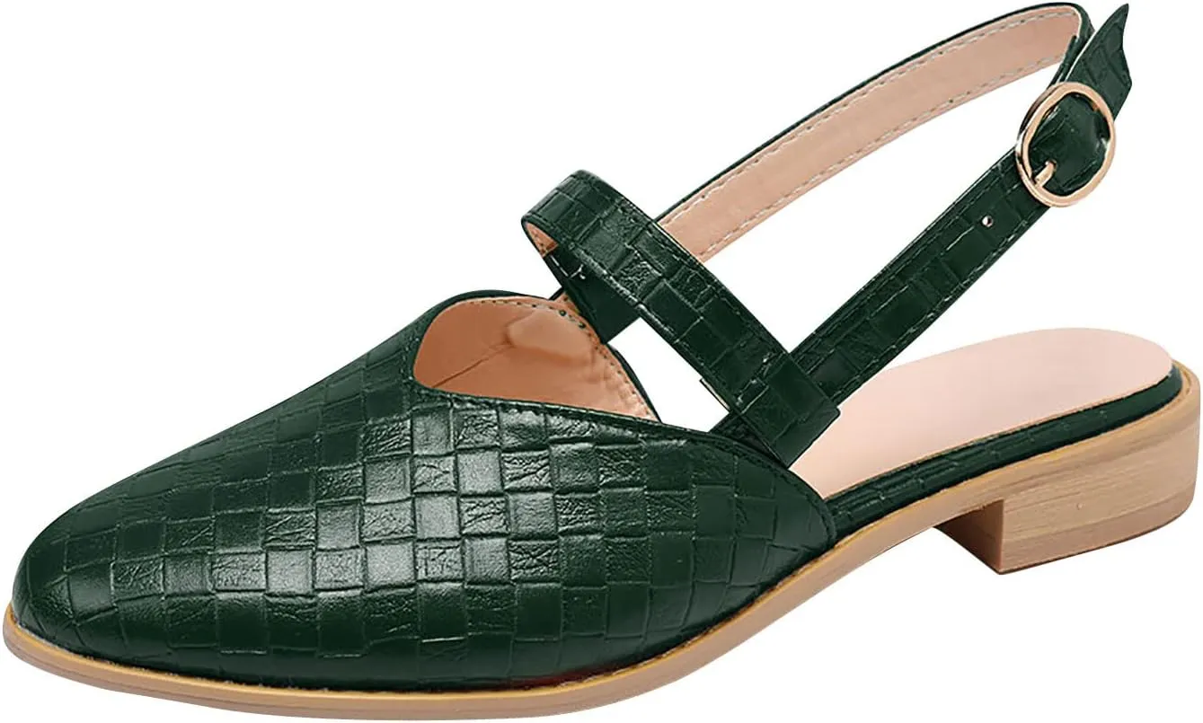 Weave Sandal for Women Fashion Pointed Toe Closed Toe Cutout Strap Buckle Low Heel Casual Shoes Summer Comfortable Flat Slides Mules Shoes