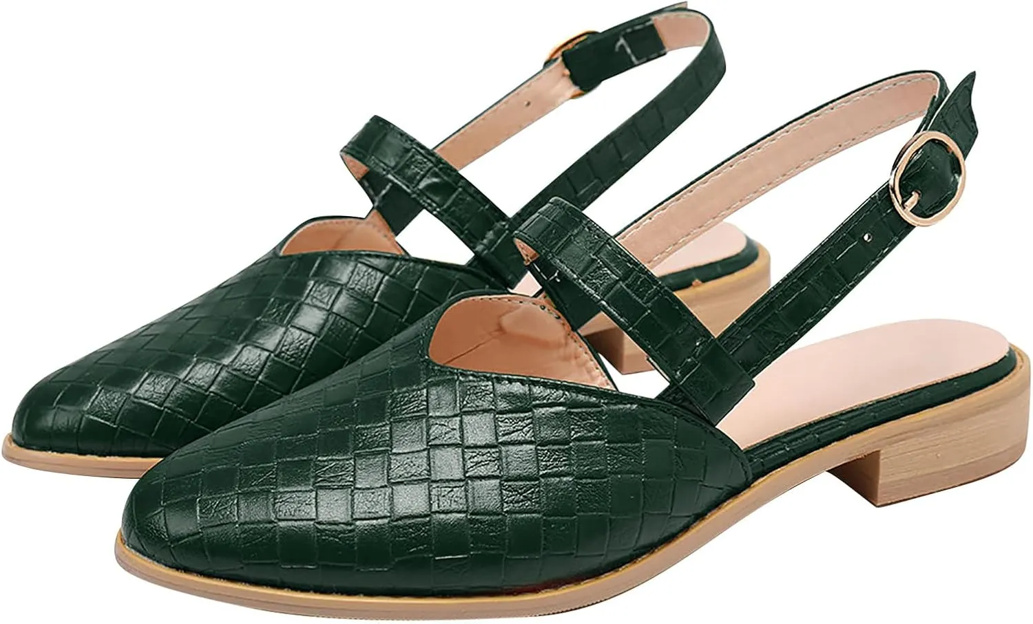 Weave Sandal for Women Fashion Pointed Toe Closed Toe Cutout Strap Buckle Low Heel Casual Shoes Summer Comfortable Flat Slides Mules Shoes
