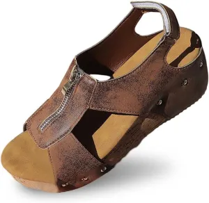 Wedge Sandals for Women Open Toe Zipper Leather Vamp Shoes Cork Heeled Thick Sole Sandals Adjustable Ankle Strap Buckle Shoes Fish Mouth Platform Summer Footwear 2025