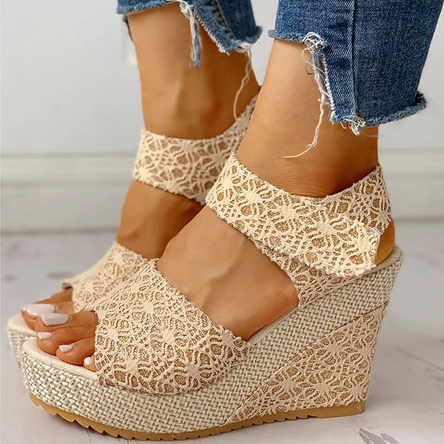 Wedges Sandals for Women Ladies Shoes Casual Shoes Fashion Platform Sandals Floral Flower Lace Womens Rain Boots High