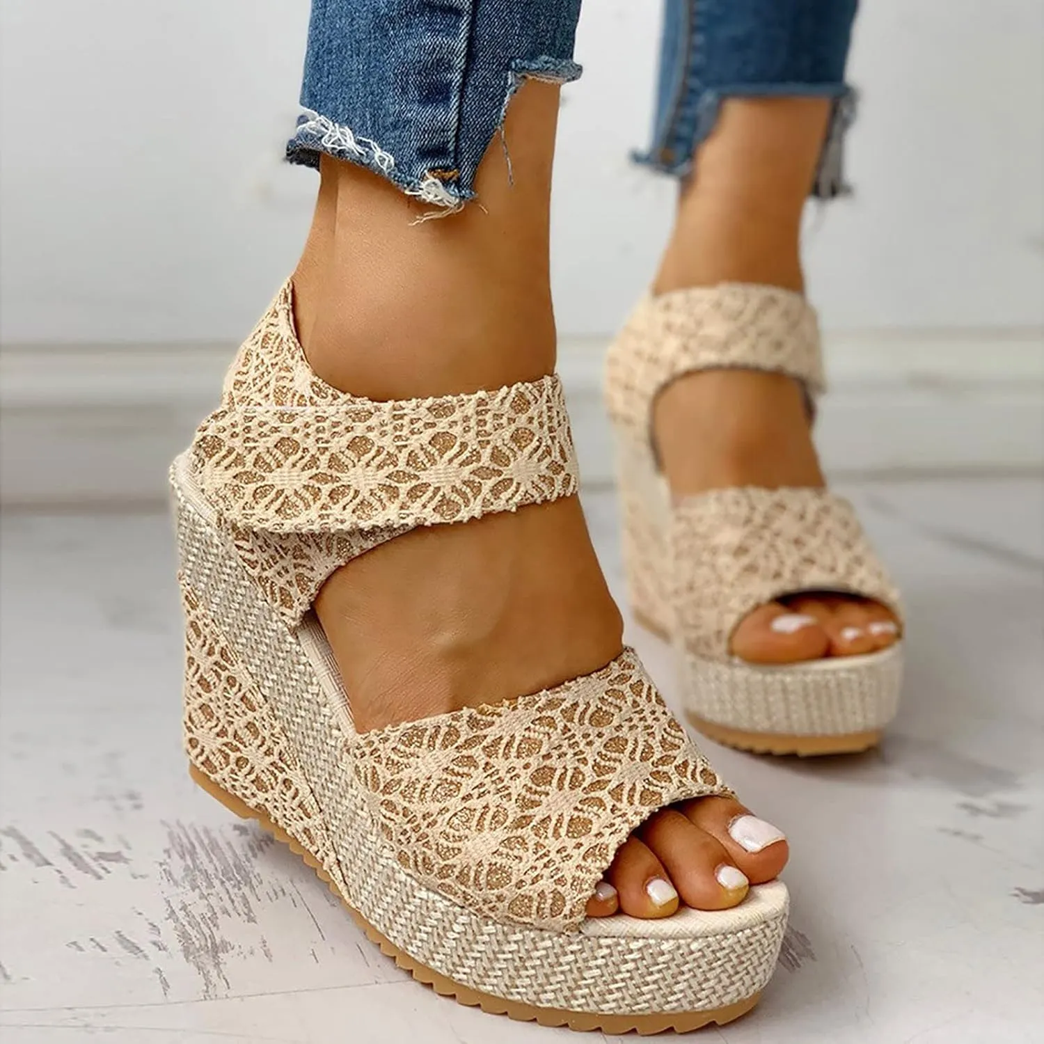 Wedges Sandals for Women Ladies Shoes Casual Shoes Fashion Platform Sandals Floral Flower Lace Womens Rain Boots High