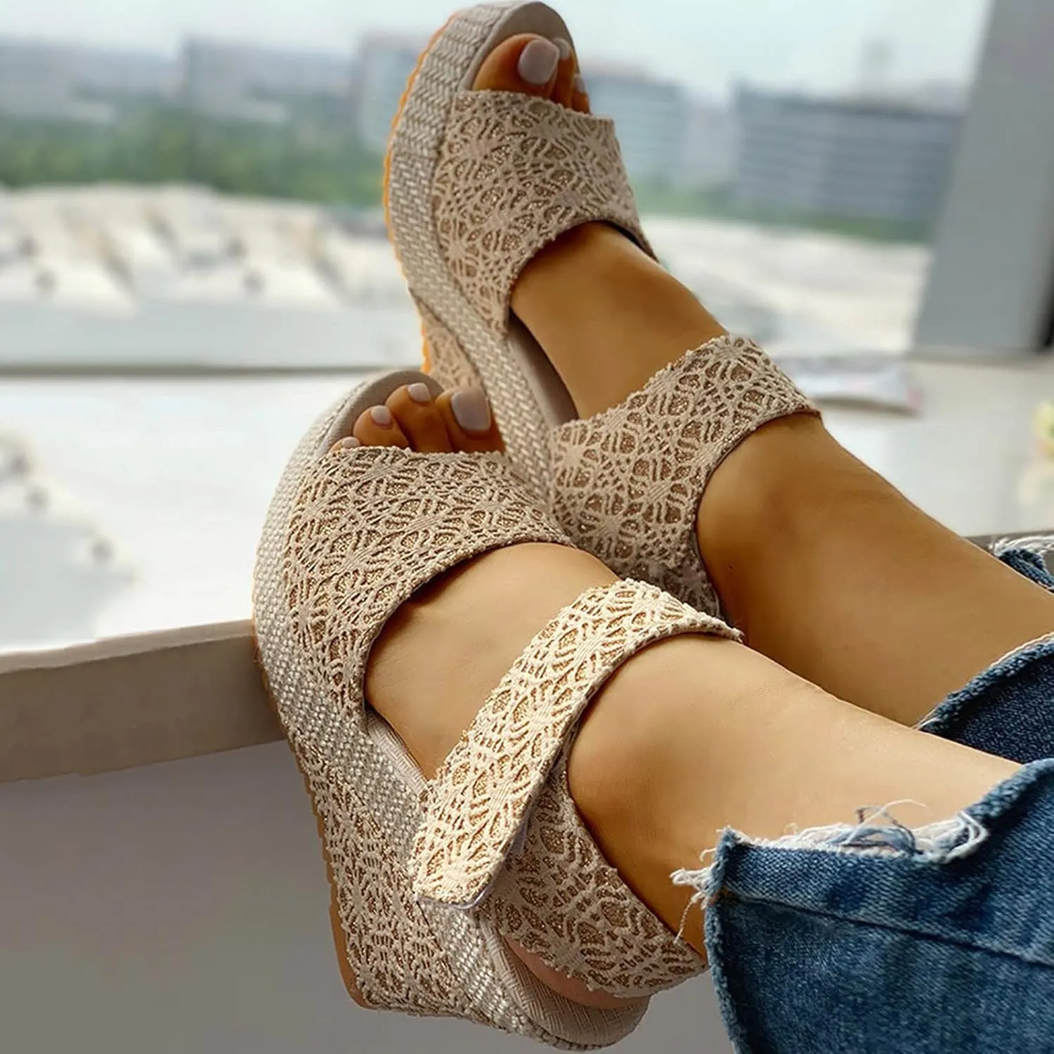 Wedges Sandals for Women Ladies Shoes Casual Shoes Fashion Platform Sandals Floral Flower Lace Womens Rain Boots High