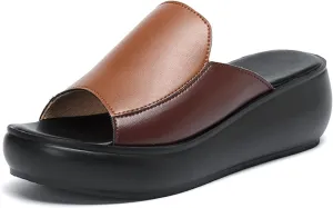 Women Genuine Leather Slipper Simple Elegant Platform Leather High Heels Peep Toe Sandals Thick-Soled Middle-Aged Leather Slippers (Color : Brown, Shoe Size : 6.5)