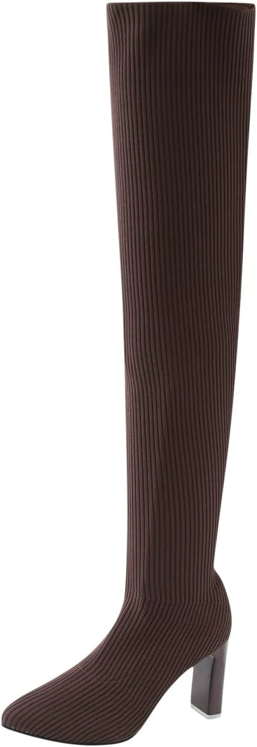 Women High Heel Boots Autumn and Winter Fashion Comfortable Pointed Toe Thick Heel Stretch Knit Solid Color Womens Tall Boots Wide Calf