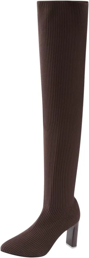 Women High Heel Boots Autumn and Winter Fashion Comfortable Pointed Toe Thick Heel Stretch Knit Solid Color Womens Tall Boots Wide Calf