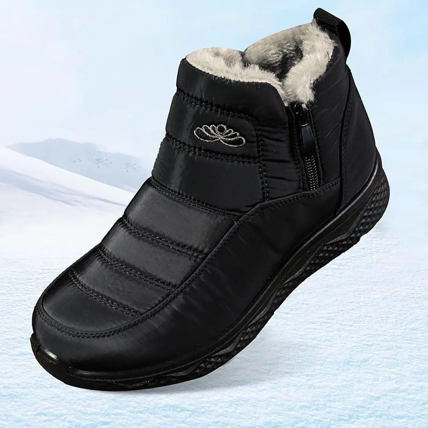 Women Men Winter Snow Boots Half Zipper Ankle Booties Warm Fur Lined Waterproof Insulated Slip On Outdoor Shoes