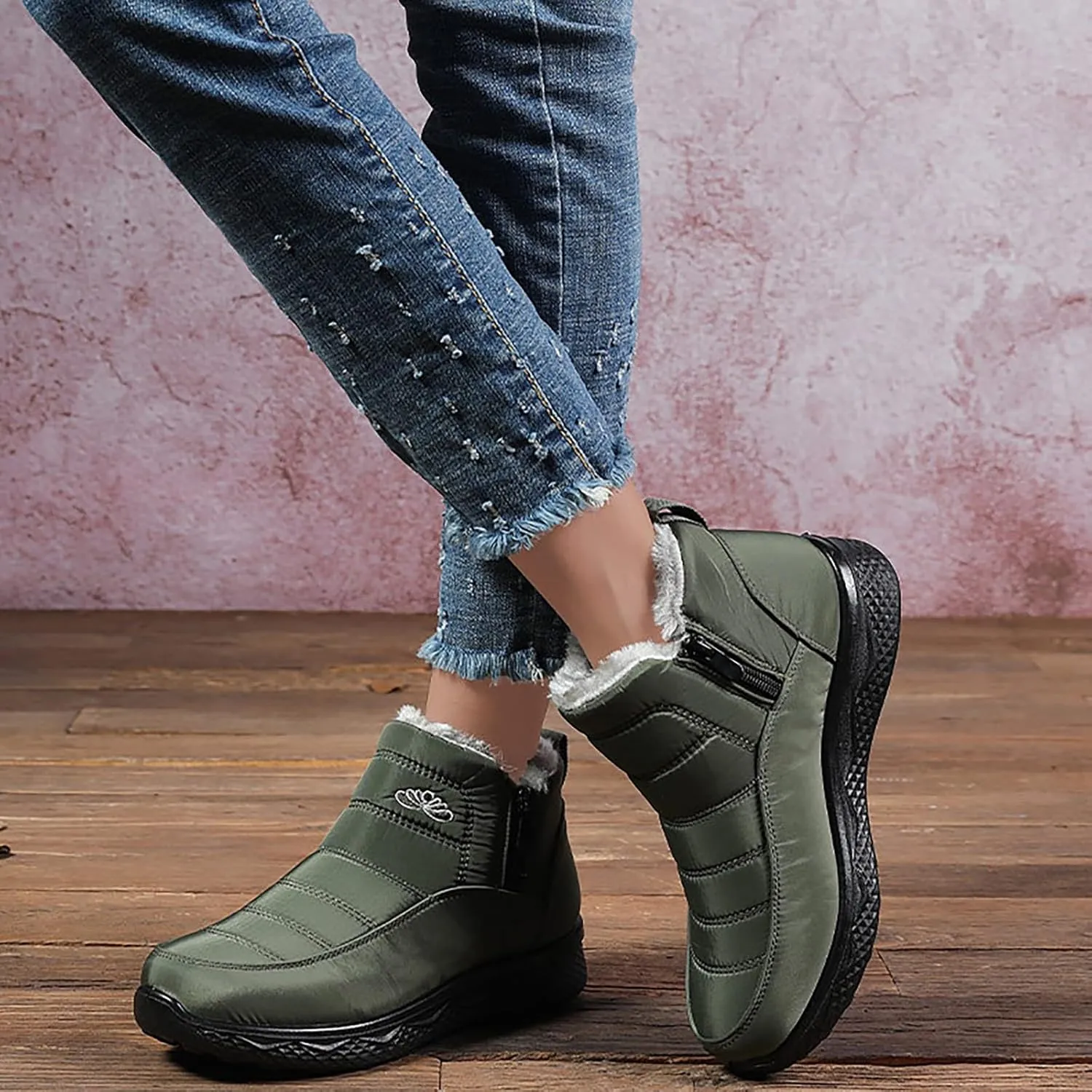 Women Men Winter Snow Boots Half Zipper Ankle Booties Warm Fur Lined Waterproof Insulated Slip On Outdoor Shoes