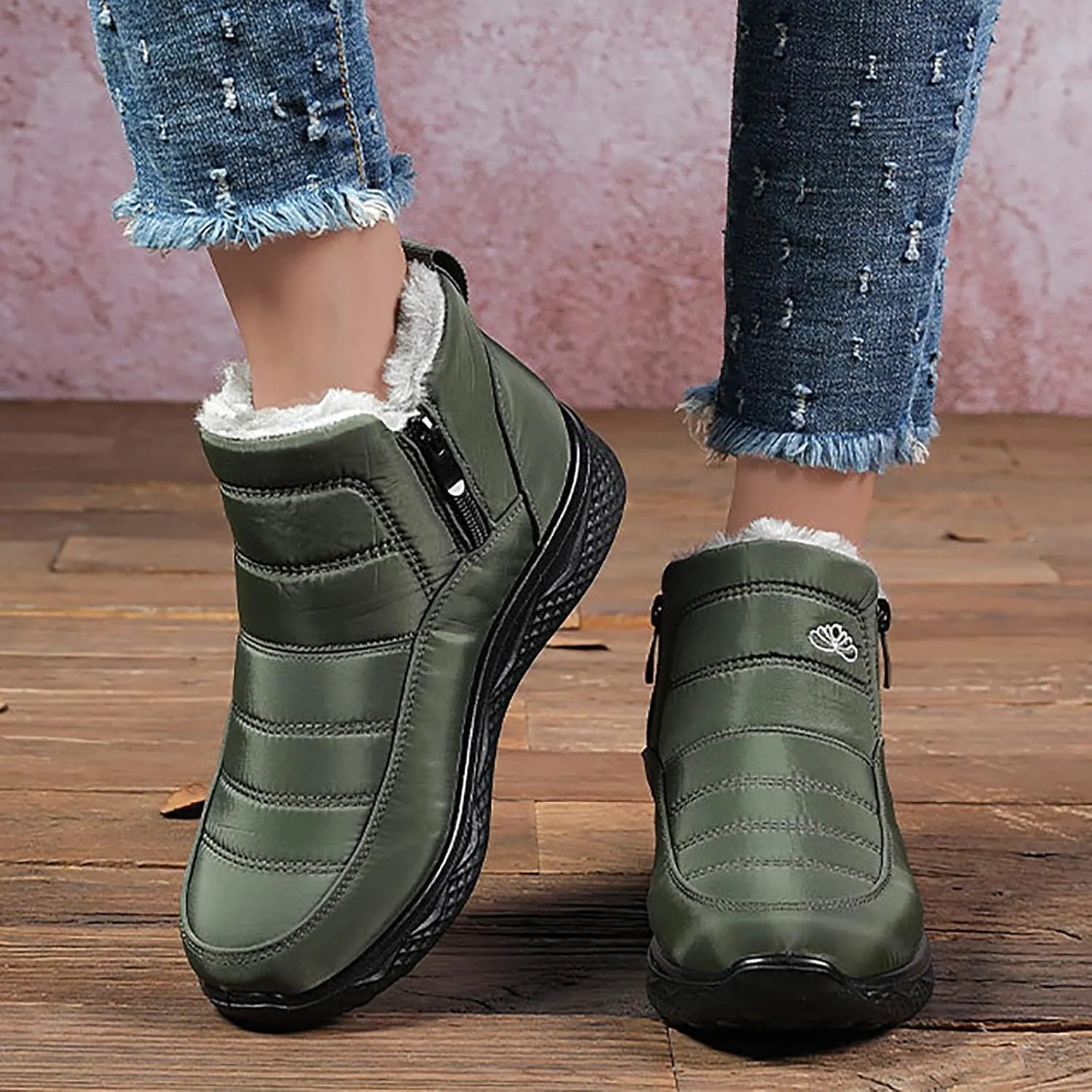 Women Men Winter Snow Boots Half Zipper Ankle Booties Warm Fur Lined Waterproof Insulated Slip On Outdoor Shoes