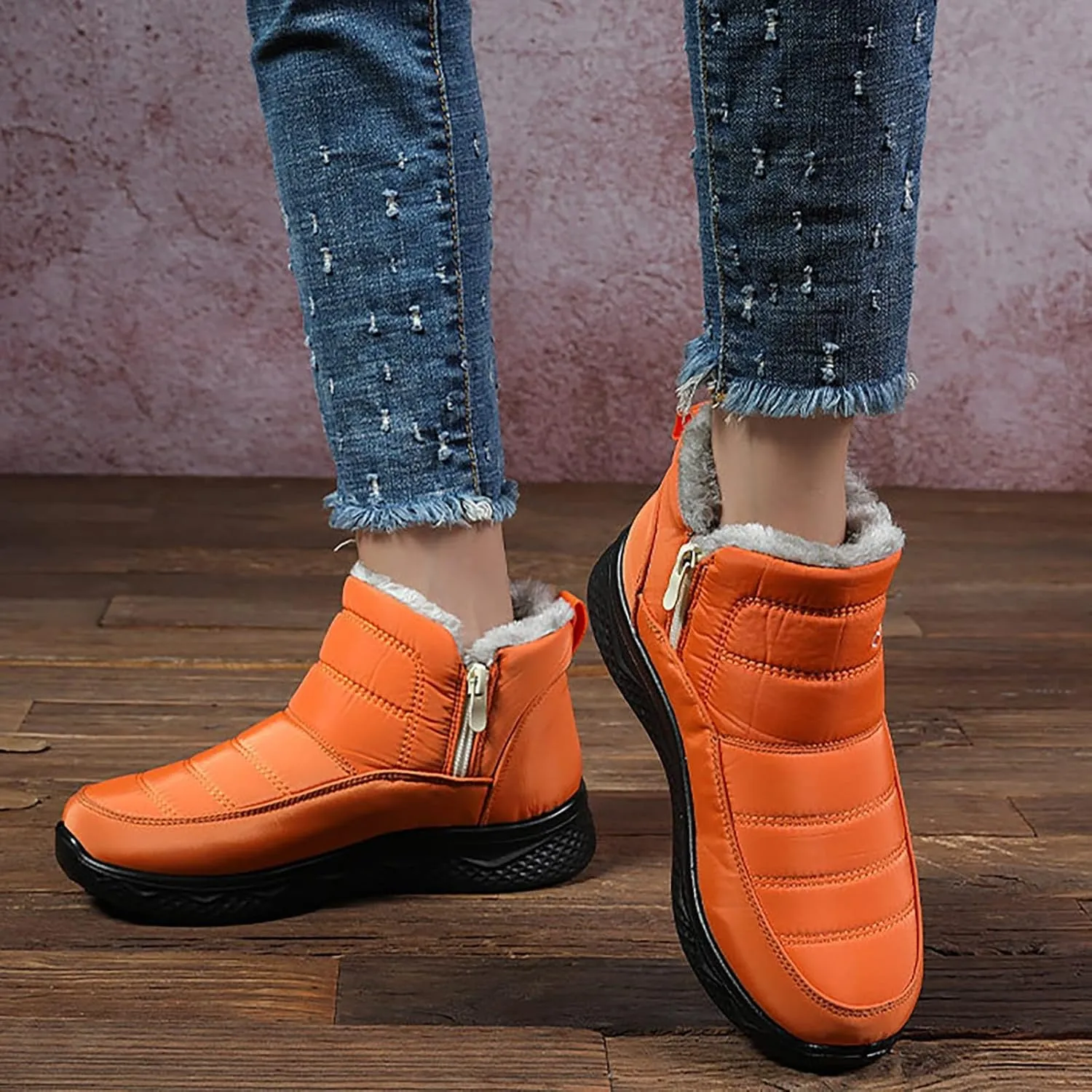 Women Men Winter Snow Boots Half Zipper Ankle Booties Warm Fur Lined Waterproof Insulated Slip On Outdoor Shoes