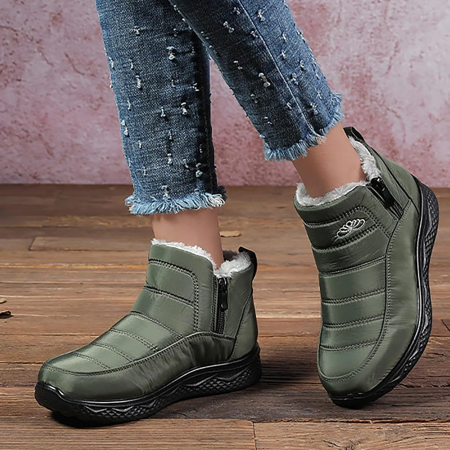 Women Men Winter Snow Boots Half Zipper Ankle Booties Warm Fur Lined Waterproof Insulated Slip On Outdoor Shoes