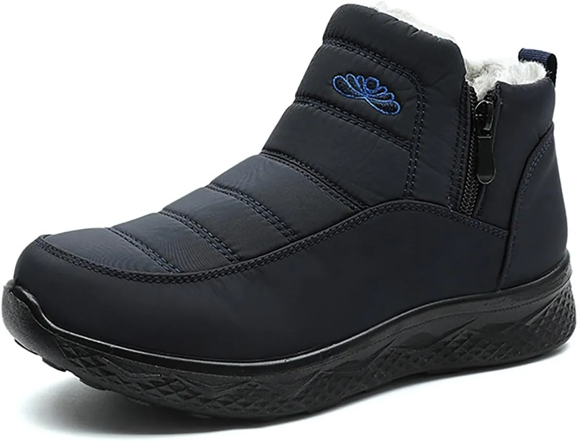 Women Men Winter Snow Boots Half Zipper Ankle Booties Warm Fur Lined Waterproof Insulated Slip On Outdoor Shoes