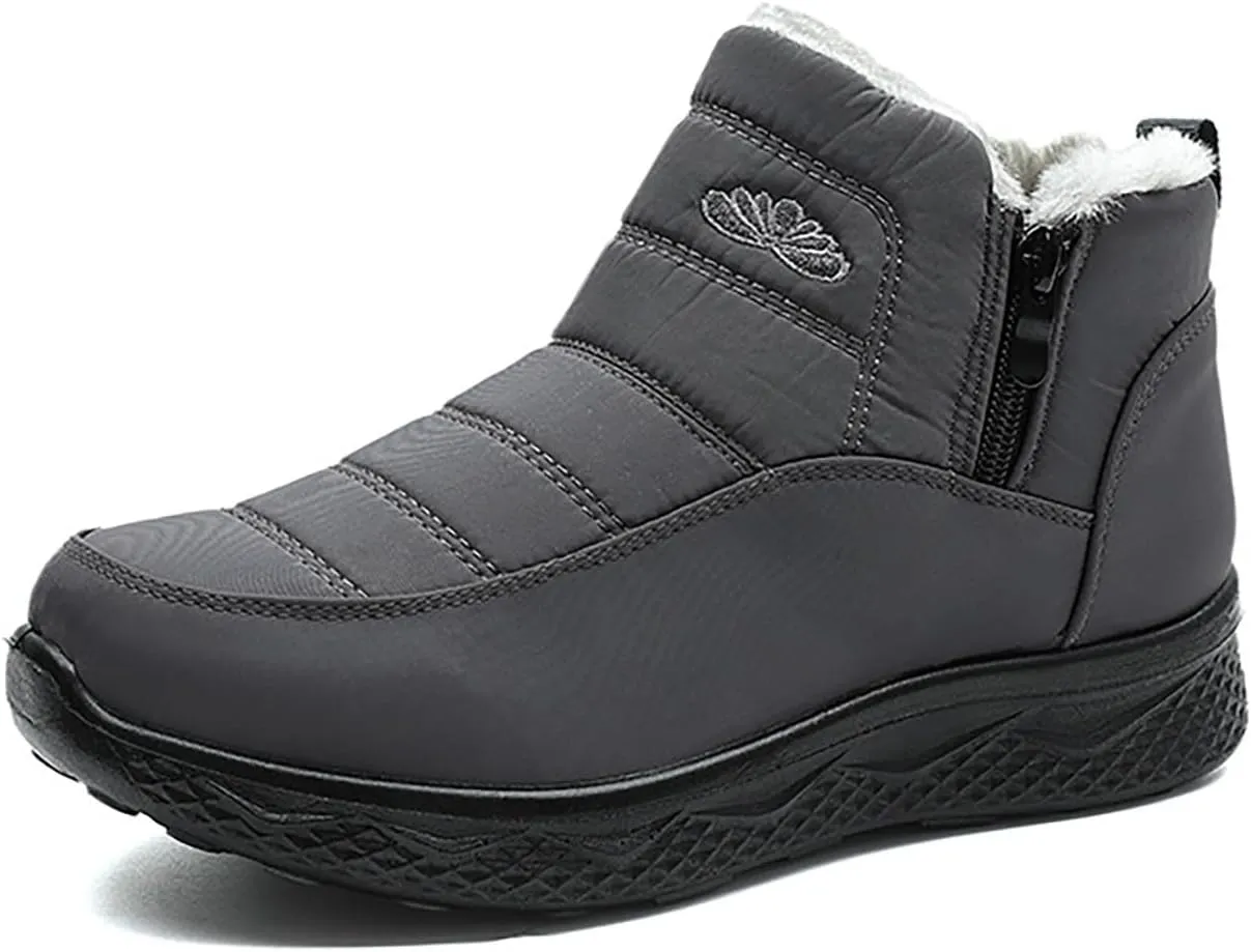 Women Men Winter Snow Boots Half Zipper Ankle Booties Warm Fur Lined Waterproof Insulated Slip On Outdoor Shoes