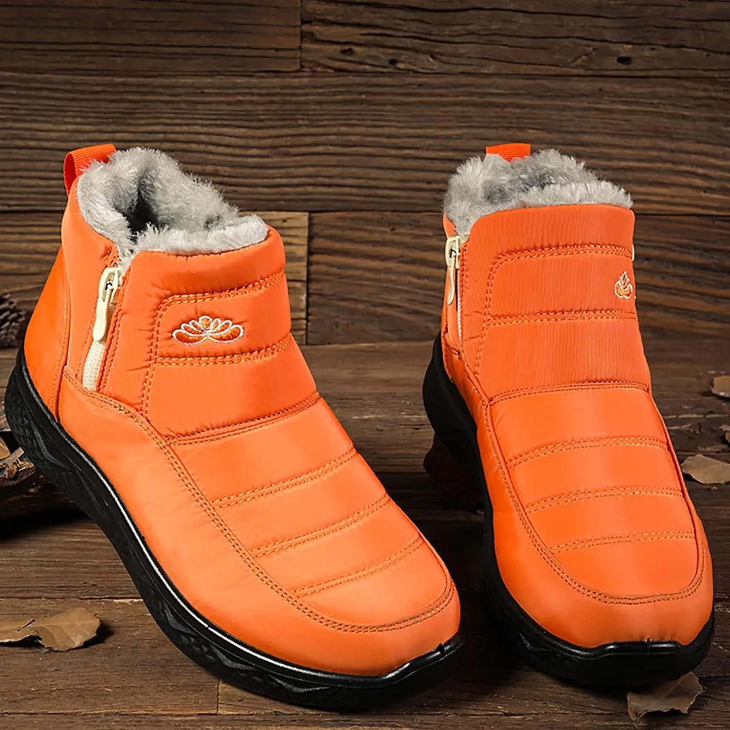 Women Men Winter Snow Boots Half Zipper Ankle Booties Warm Fur Lined Waterproof Insulated Slip On Outdoor Shoes
