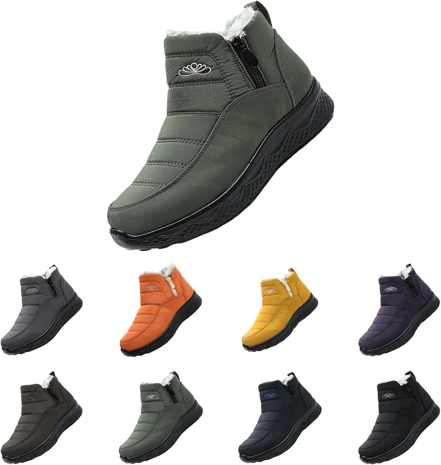 Women Men Winter Snow Boots Half Zipper Ankle Booties Warm Fur Lined Waterproof Insulated Slip On Outdoor Shoes